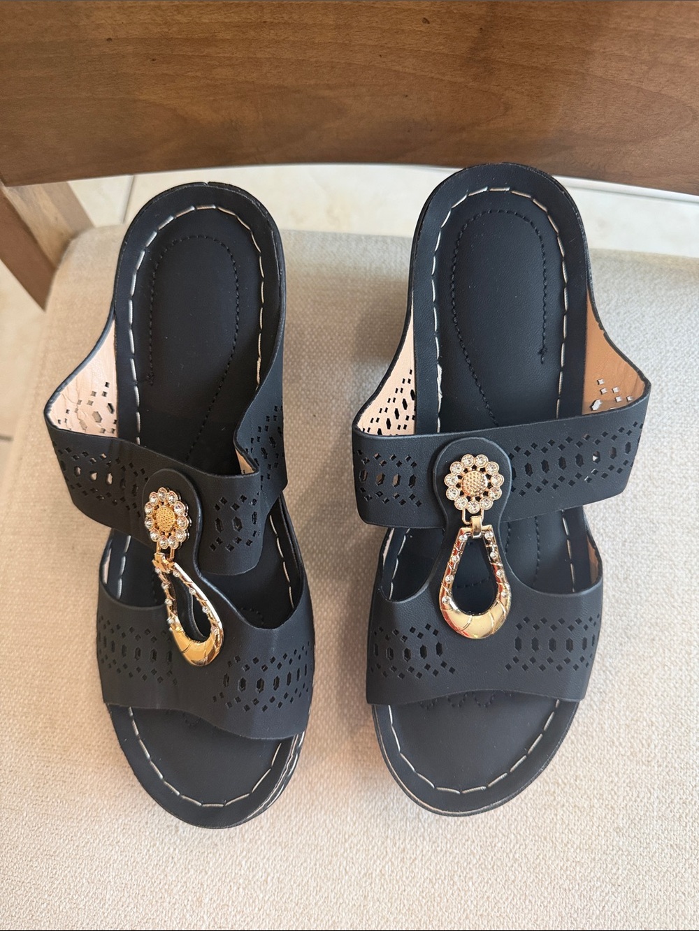 Women’s Black Slip-On Sandals with Gold Teardrop Detail